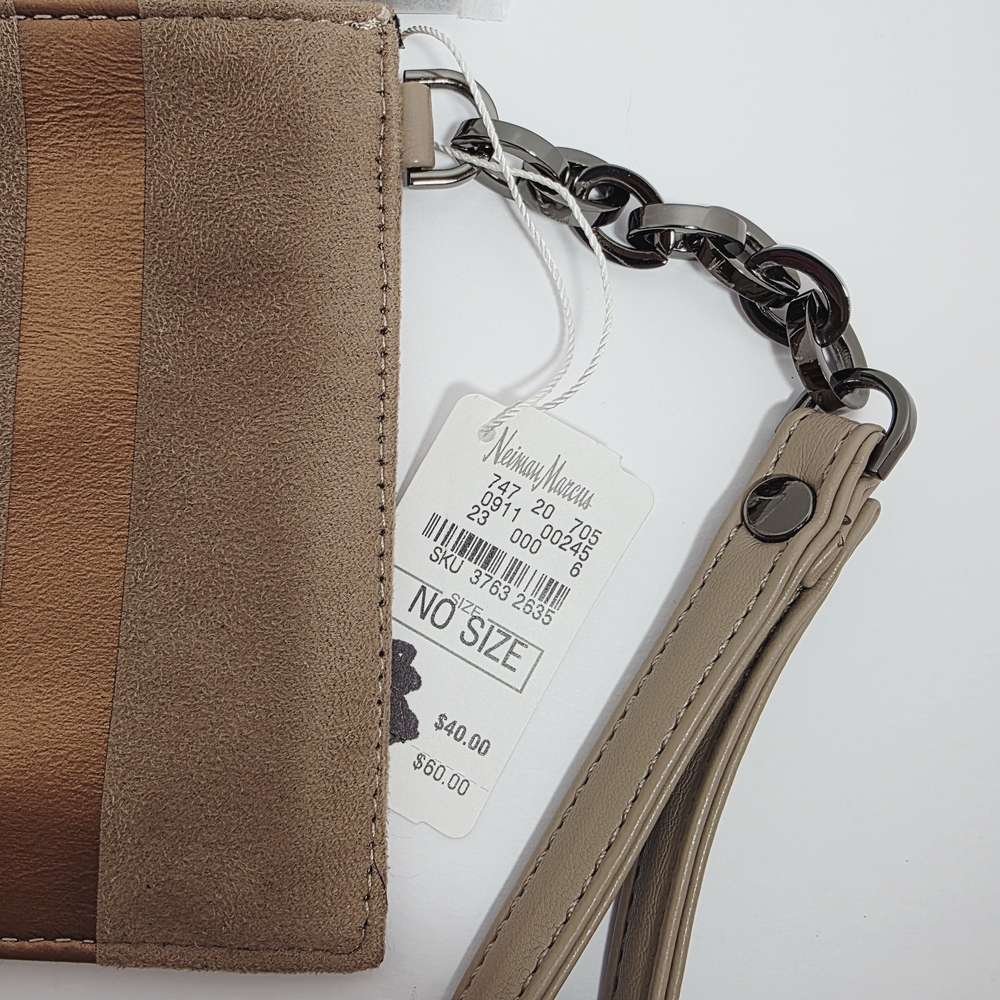 Neiman Marcus Soft Leather Metallic Bronze Wristlet Clutch Heavy Chain Strap - Picture 3 of 10